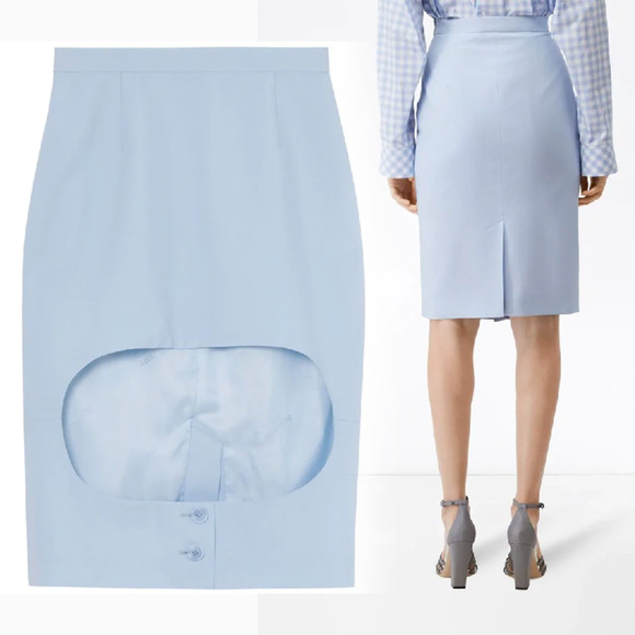Burberry Pale Blue Virgin Wool Cut-Out Knee Midi Skirt 12 NEW Pencil London 10 - Picture 1 of 8